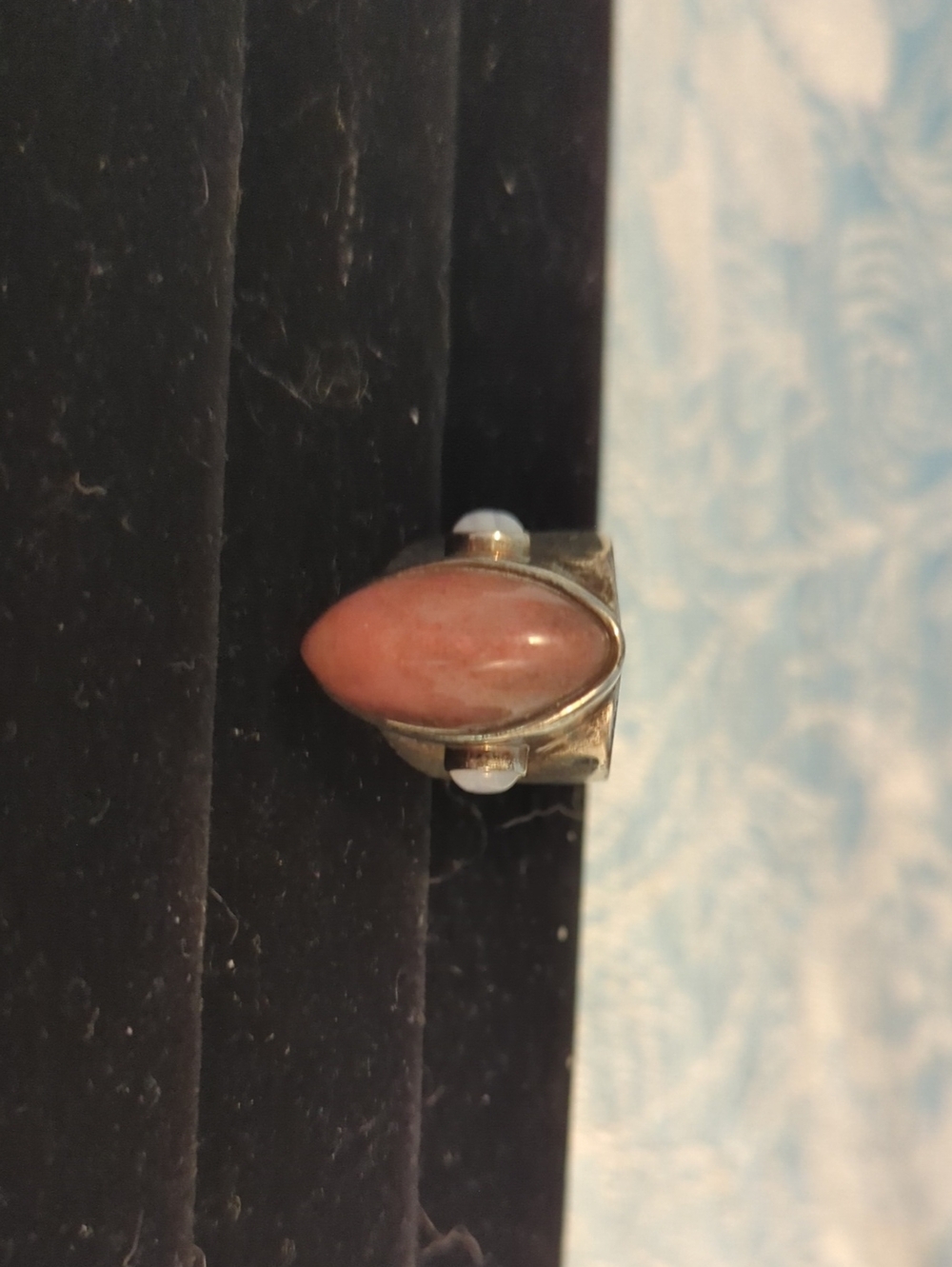Vintage Sterling Silver Coral? And Blue Agate Ring.